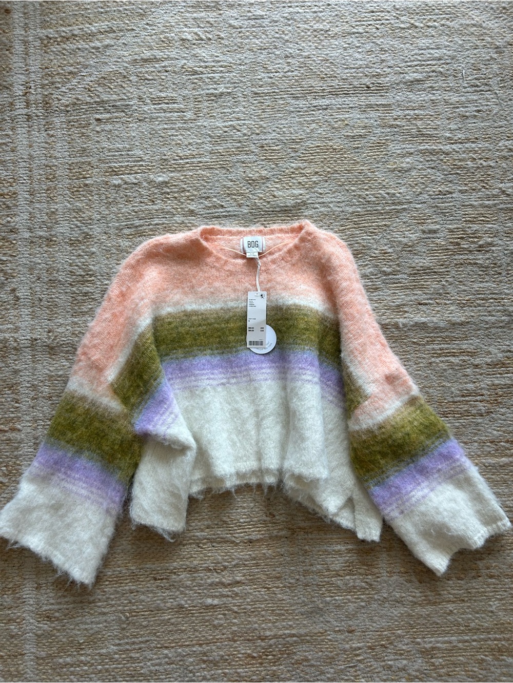 BDG Cropped Fuzzy Stripe Sweater in Peach, Olive & Lavender